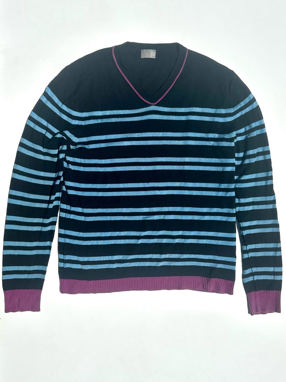 TSE 100% Cashmere Men's V-Neck Striped Sweater in Black, Light Blue, Purple, S